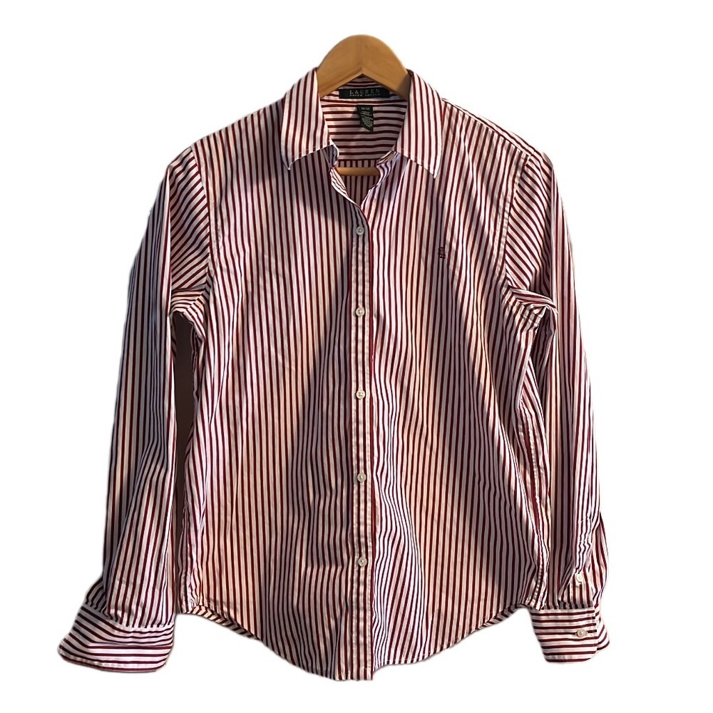 Lauren Ralph Lauren Red and White Striped Shirt 100% Cotton Size Medium